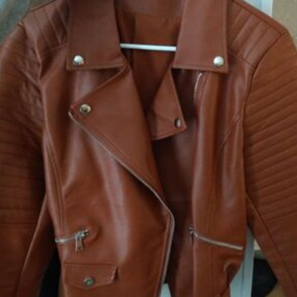 Faux eather zipper biker motorcycle jacket camel - Picture 9 of 9